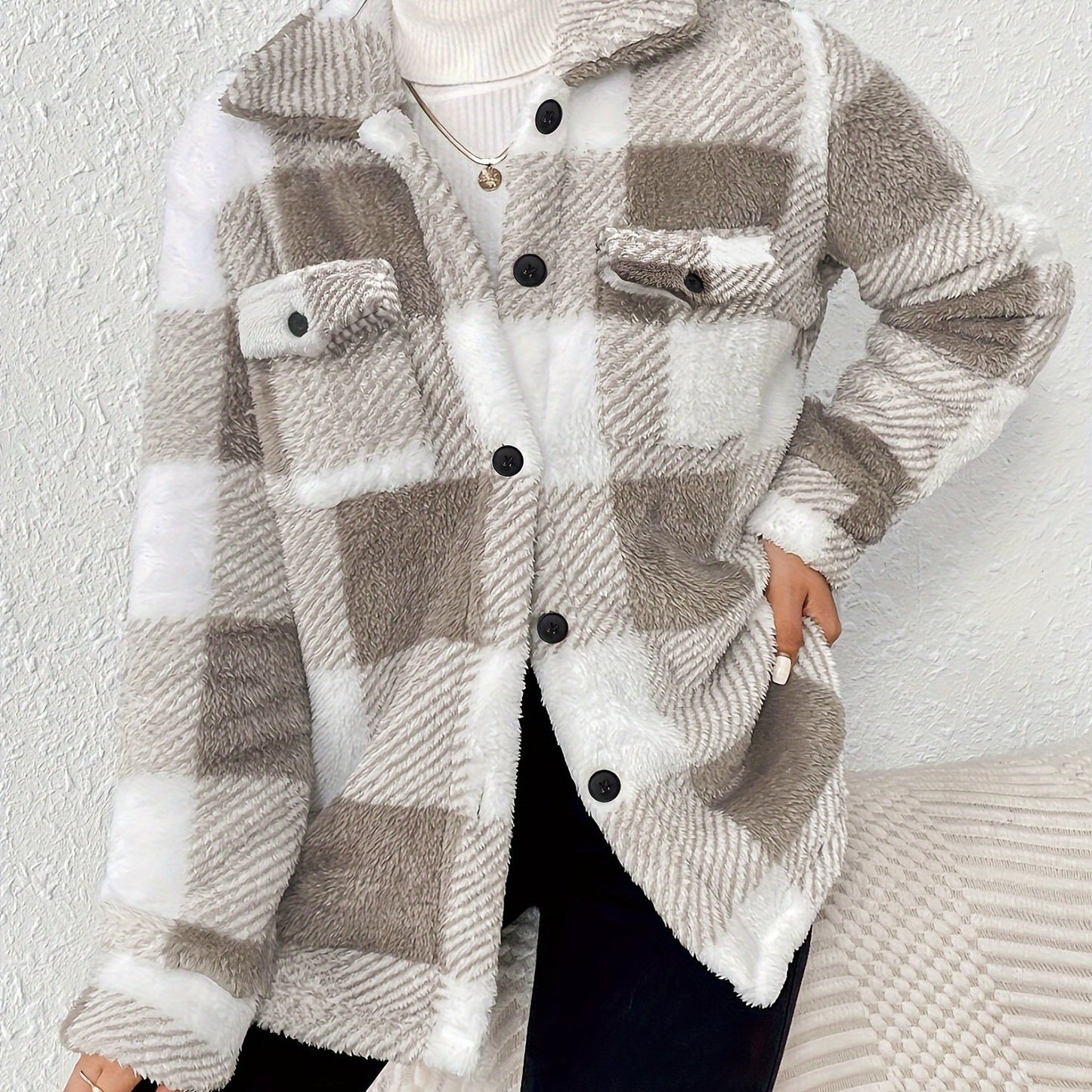 Plaid Pattern Button Front Fuzzy Coat, Elegant Long Sleeve Warm Outerwear