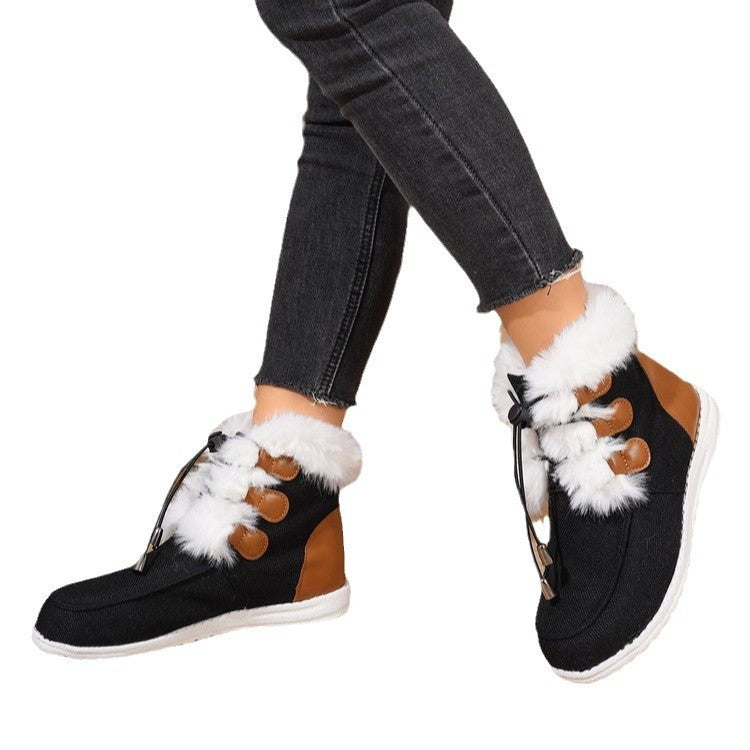 Fashion Round Toe Snow Boots Winter Warm Plush Flat Cotton Shoes