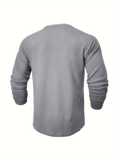 Men's Loose Solid Henley Shirt, Crew Neck Half Button Long Sleeve Shirt For Spring Fall Outdoor Activities