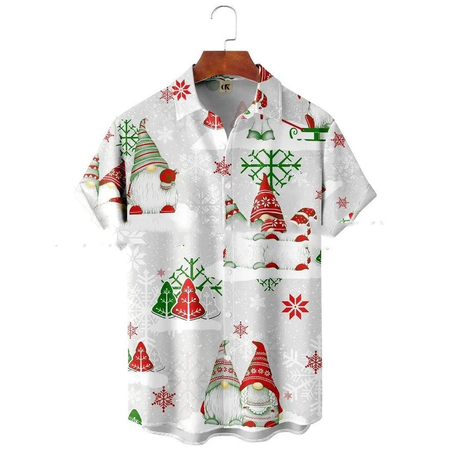 Men's Lapel Basic Holiday Printed Short-sleeved Shirt