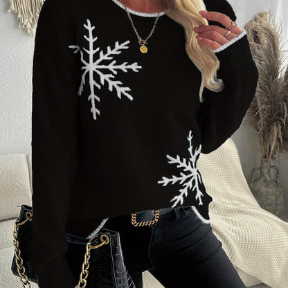 Snowflake Pattern Crew Neck Sweater, Elegant Long Sleeve Sweater For Fall & Winter, Women's Clothing