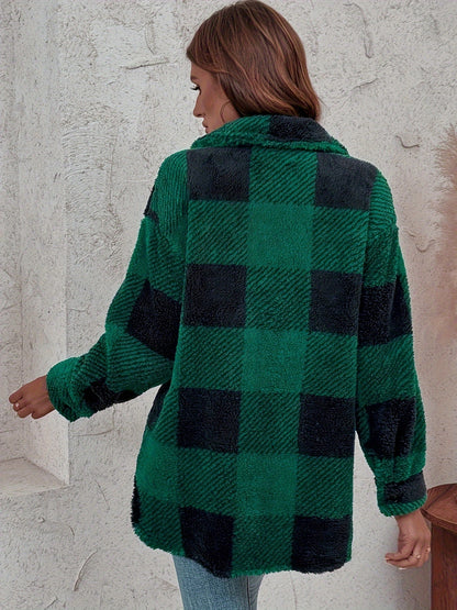 Plaid Pattern Button Front Fuzzy Coat, Elegant Long Sleeve Warm Outerwear