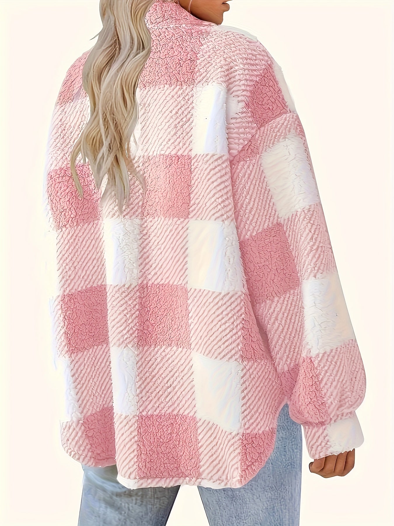 Plaid Pattern Button Front Fuzzy Coat, Elegant Long Sleeve Warm Outerwear