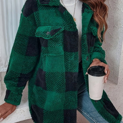 Plaid Pattern Button Front Fuzzy Coat, Elegant Long Sleeve Warm Outerwear