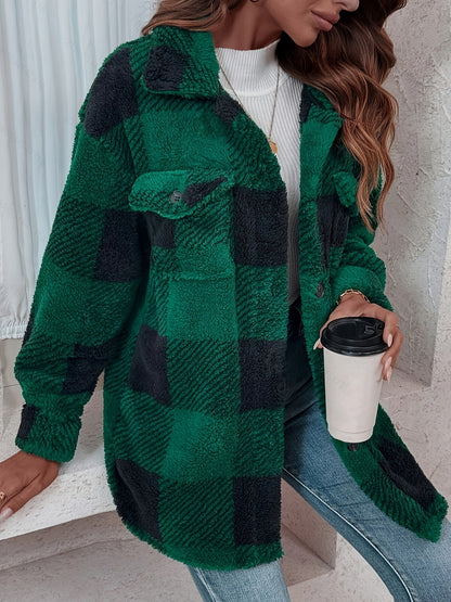 Plaid Pattern Button Front Fuzzy Coat, Elegant Long Sleeve Warm Outerwear