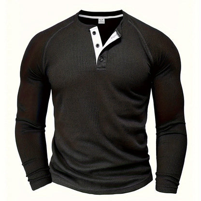 Men's Loose Solid Henley Shirt, Crew Neck Half Button Long Sleeve Shirt For Spring Fall Outdoor Activities