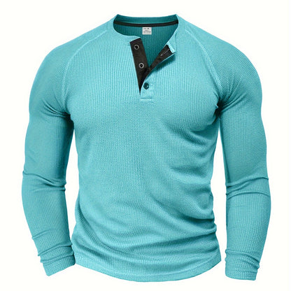 Men's Loose Solid Henley Shirt, Crew Neck Half Button Long Sleeve Shirt For Spring Fall Outdoor Activities