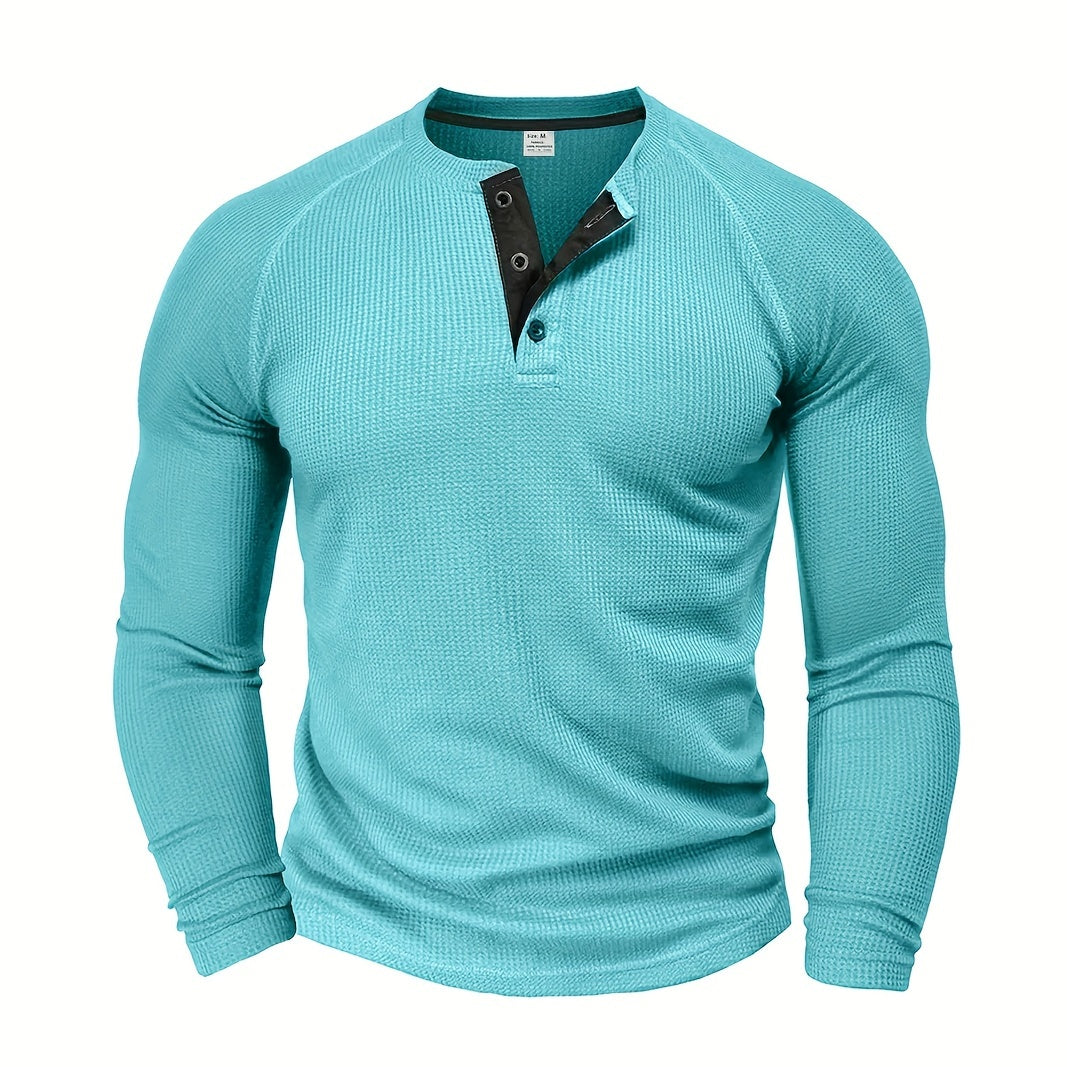 Men's Loose Solid Henley Shirt, Crew Neck Half Button Long Sleeve Shirt For Spring Fall Outdoor Activities