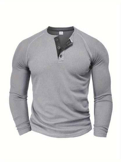 Men's Loose Solid Henley Shirt, Crew Neck Half Button Long Sleeve Shirt For Spring Fall Outdoor Activities