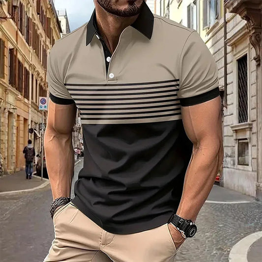 Breathable Stripe Print Sleeve Lapel Short Sleeve T-shirt, Men's