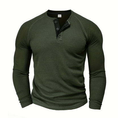 Men's Loose Solid Henley Shirt, Crew Neck Half Button Long Sleeve Shirt For Spring Fall Outdoor Activities