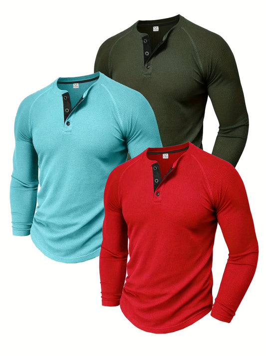 Men's Loose Solid Henley Shirt, Crew Neck Half Button Long Sleeve Shirt For Spring Fall Outdoor Activities