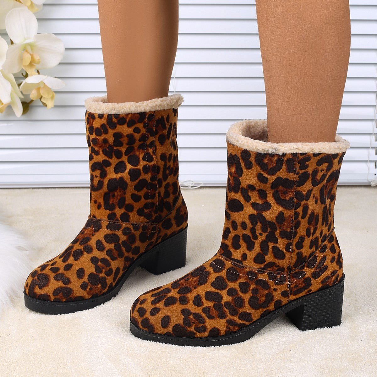 New Foldable Leopard Print Mid-calf Boots Winter