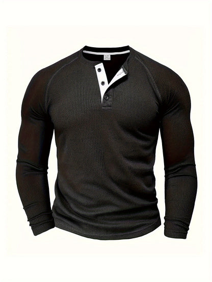 Men's Loose Solid Henley Shirt, Crew Neck Half Button Long Sleeve Shirt For Spring Fall Outdoor Activities