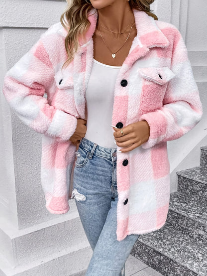 Plaid Pattern Button Front Fuzzy Coat, Elegant Long Sleeve Warm Outerwear