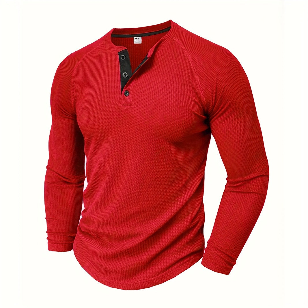 Men's Loose Solid Henley Shirt, Crew Neck Half Button Long Sleeve Shirt For Spring Fall Outdoor Activities