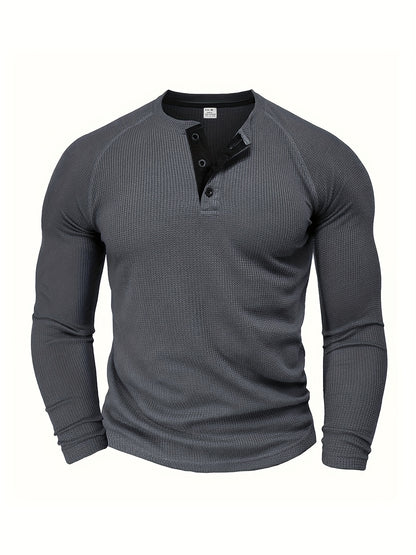 Men's Loose Solid Henley Shirt, Crew Neck Half Button Long Sleeve Shirt For Spring Fall Outdoor Activities