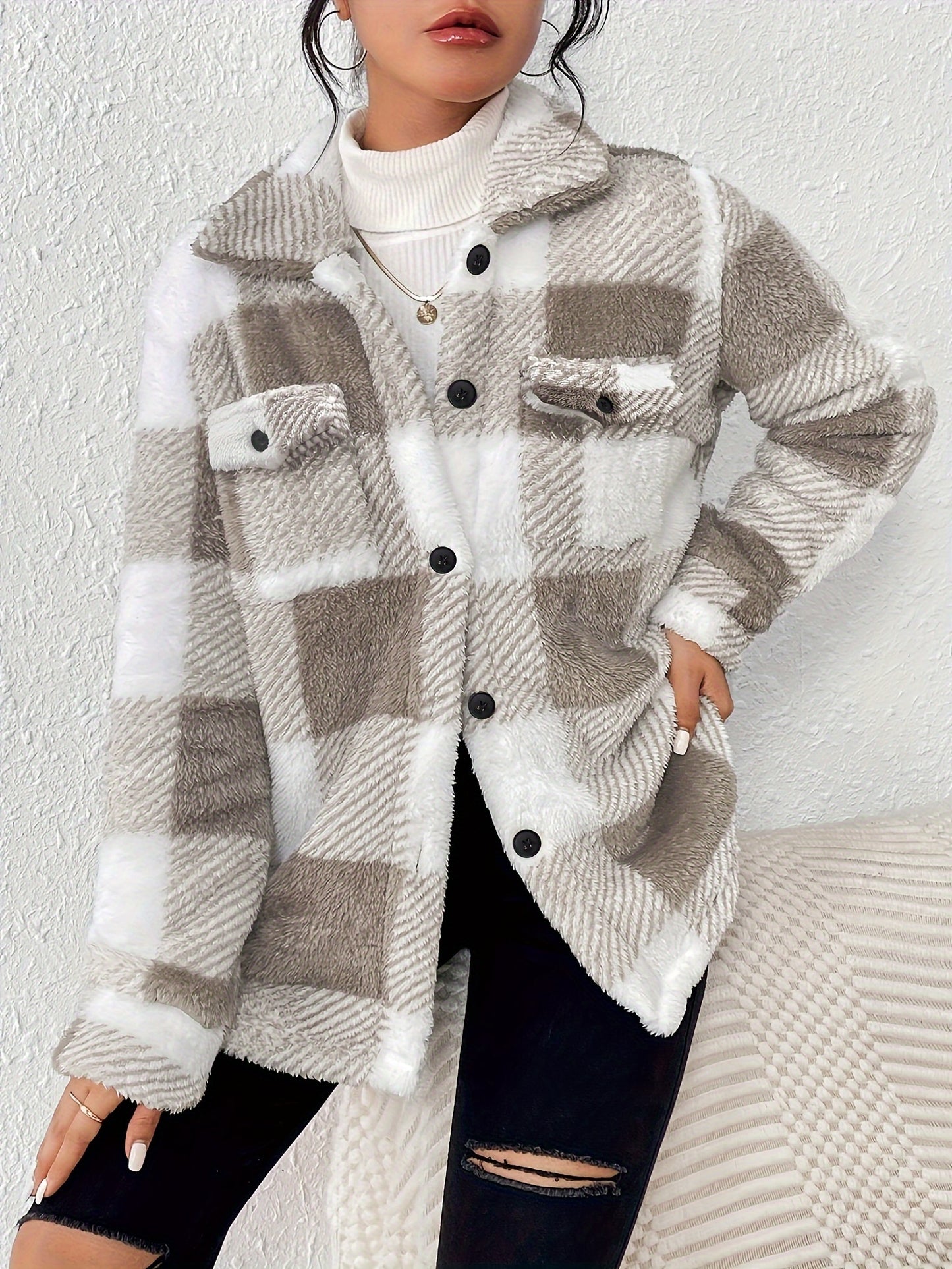 Plaid Pattern Button Front Fuzzy Coat, Elegant Long Sleeve Warm Outerwear