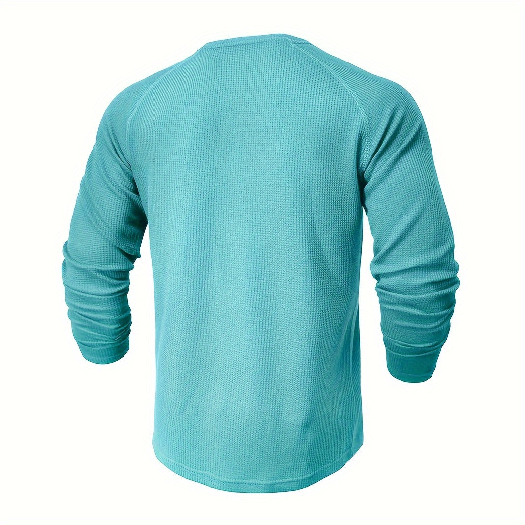 Men's Loose Solid Henley Shirt, Crew Neck Half Button Long Sleeve Shirt For Spring Fall Outdoor Activities