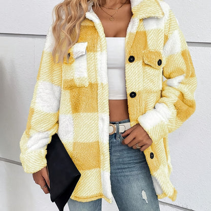 Plaid Pattern Button Front Fuzzy Coat, Elegant Long Sleeve Warm Outerwear