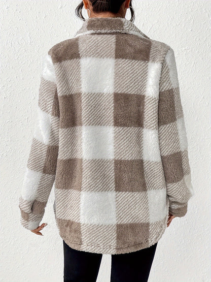 Plaid Pattern Button Front Fuzzy Coat, Elegant Long Sleeve Warm Outerwear